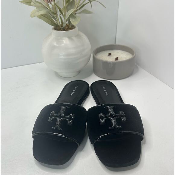 Tory Burch Eleanor Pave Slides Slip On Velvet Sandal Black Women's US 8 M NWOB - Picture 4 of 9